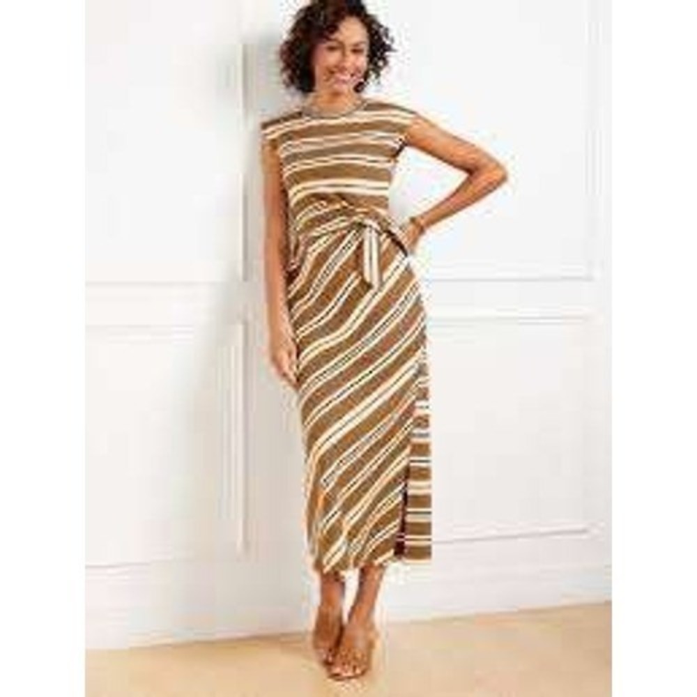 Talbots Women's Brown White Stripe Cap Sleeve Tie Waist Maxi Dress‎ Size XS